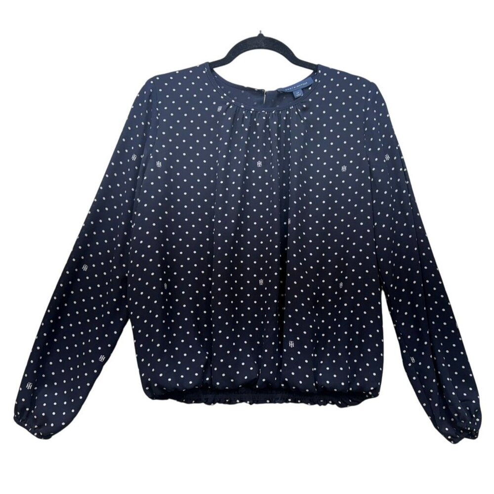Tommy Hilfiger Womens Polka Dot Long Sleeve Blouse Size S Navy & White Career Of